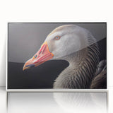 Framed wall art featuring a contemporary goose design on a white background, showcasing elegant lines and vibrant colors, perfect for modern home decor.