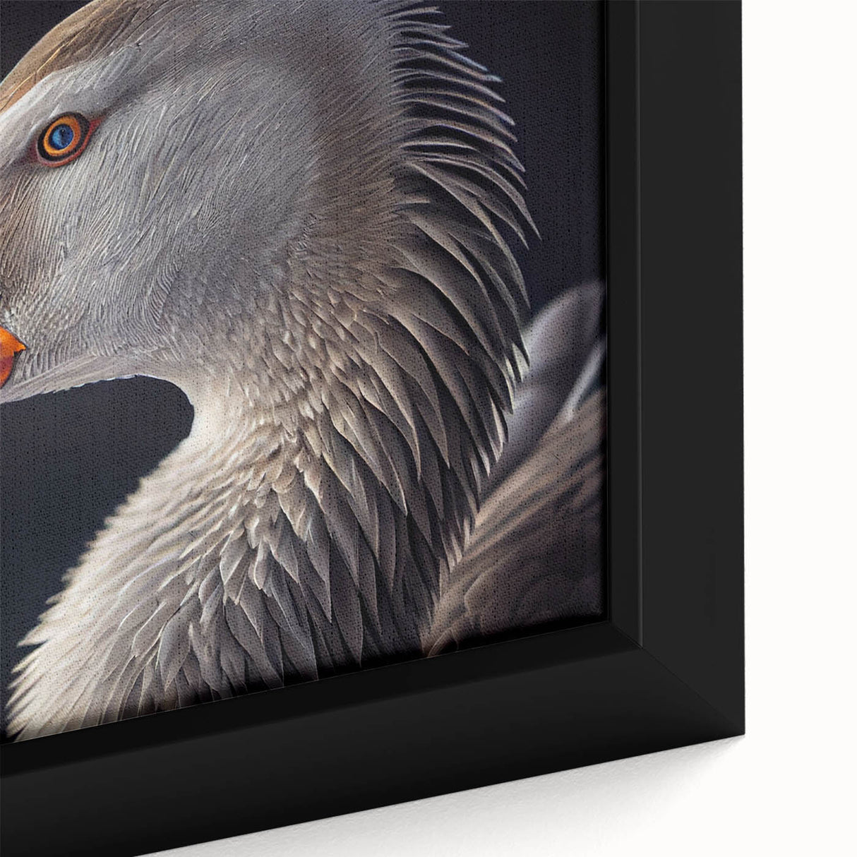 Framed canvas close-up of a vibrant bird design, showcasing colorful geese against a textured background, ideal for modern home decor and art enthusiasts.