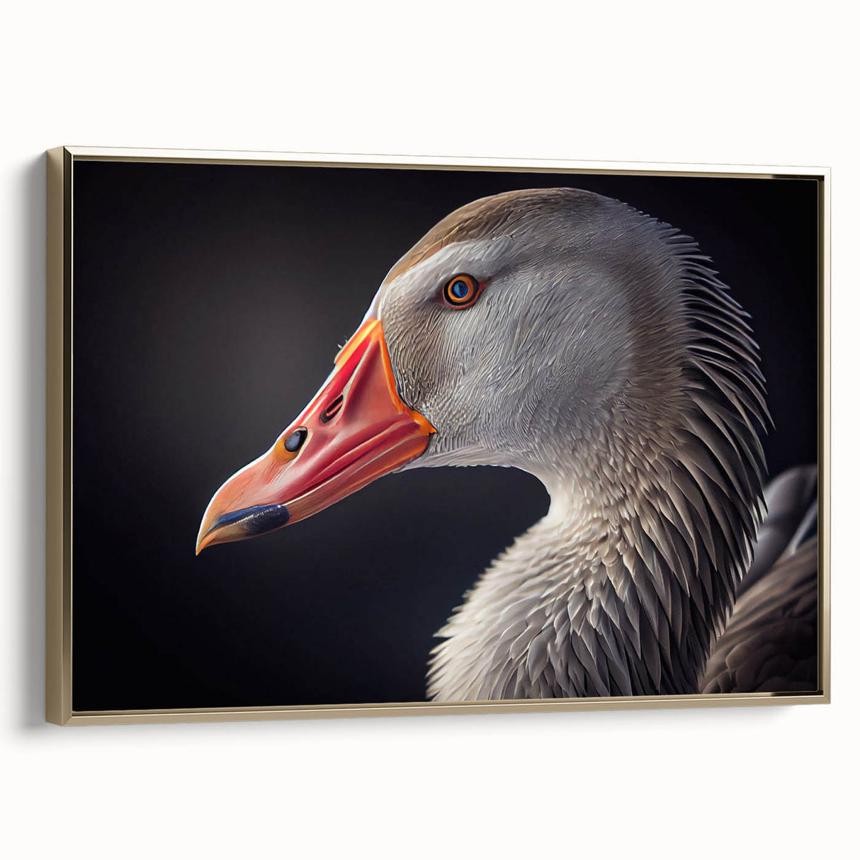 Framed wall art featuring a stylish goose design in gold tones, showcasing a modern aesthetic with a sleek side view, perfect for home decor enhancement.