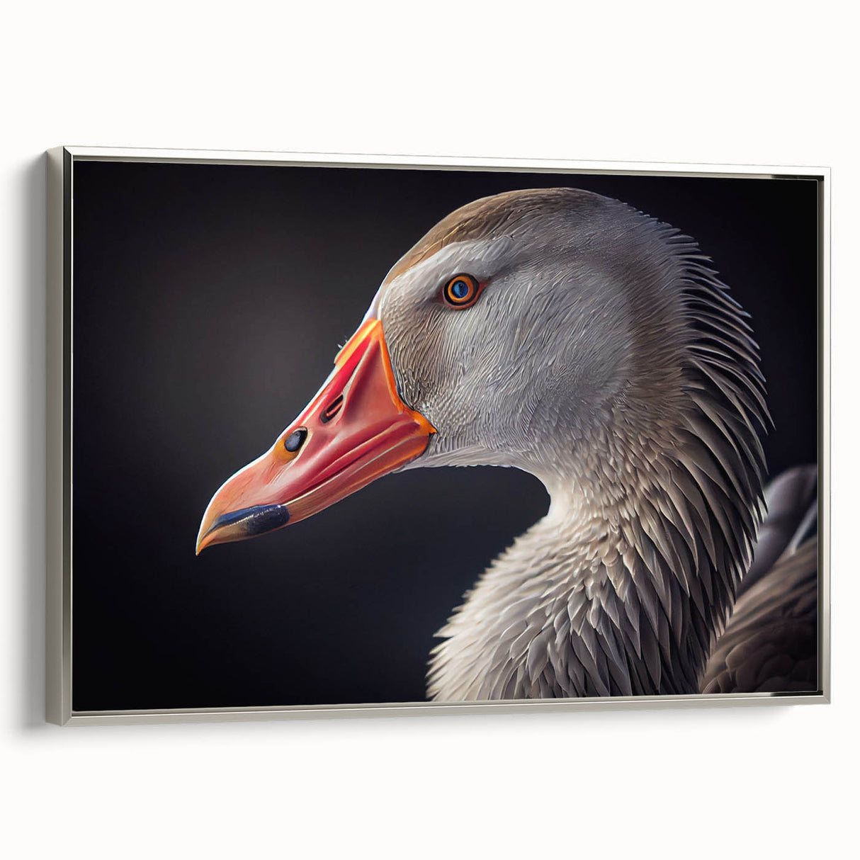 Framed wall art collection showcasing a stylish silver side view of a goose design on canvas, ideal for modern home decor, adding elegance and charm to any space.