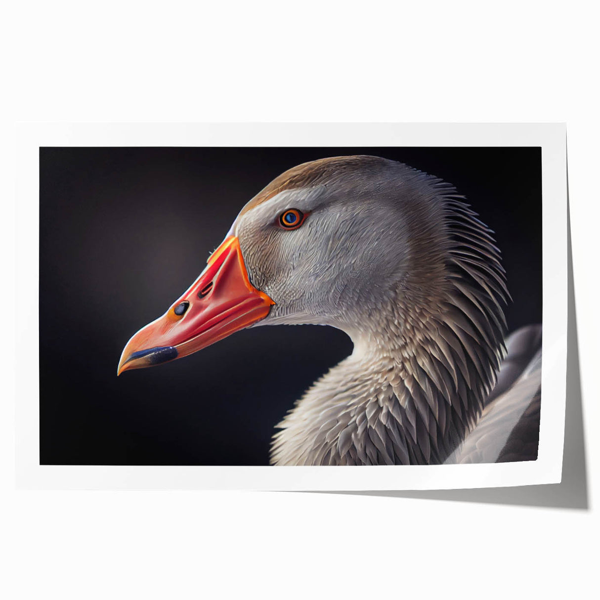 Elegant rolled wall art print showcasing a vibrant goose design with intricate details, perfect for enhancing living spaces. The print features a colorful palette and is packaged securely in a durable cardboard tube for easy transport and display.