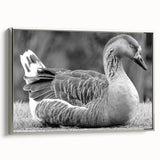 Framed canvas wall art featuring a serene design of geese in a natural setting, highlighted with a silver frame, perfect for enhancing home decor.