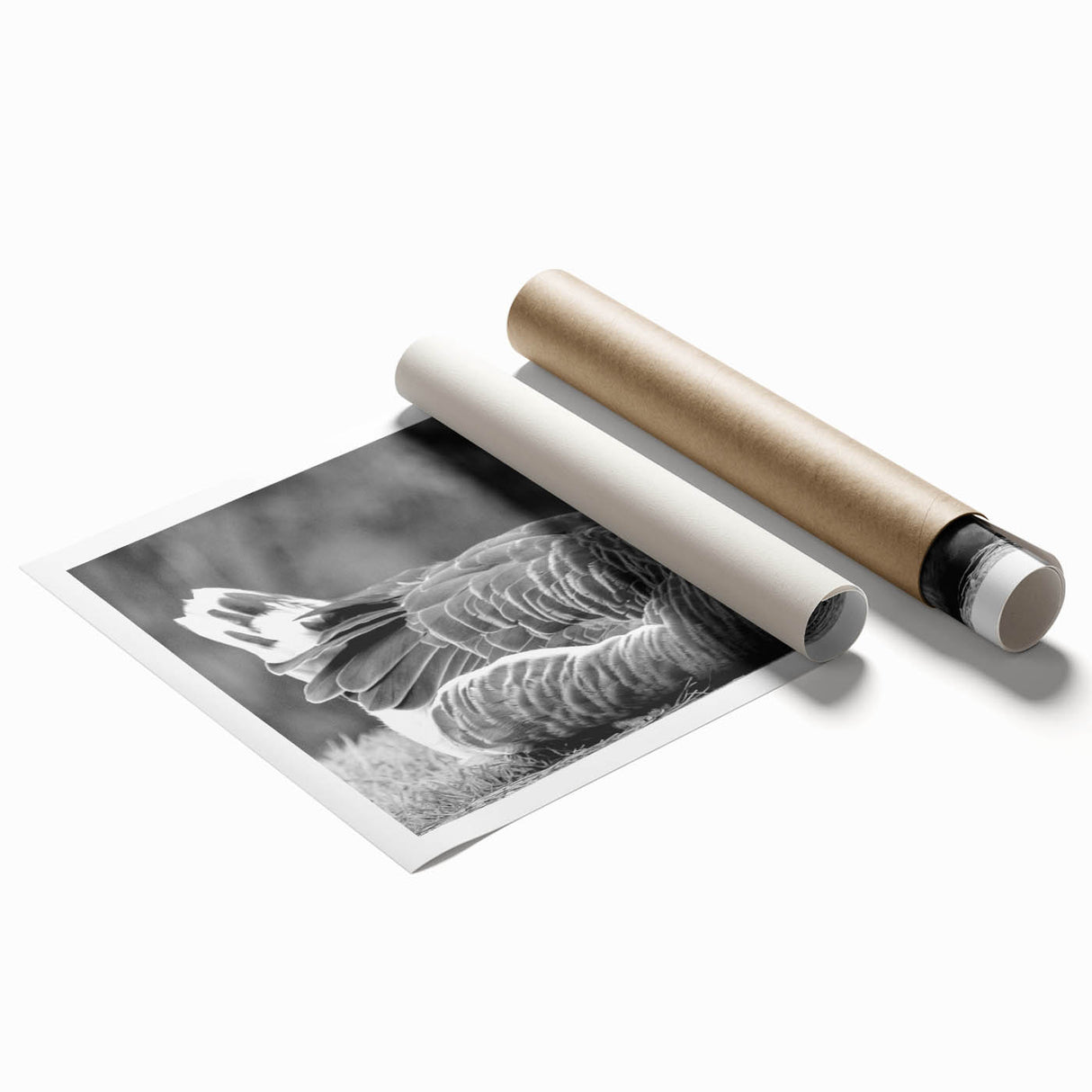 Artistic rolled print showcasing a vibrant goose design in a nature-inspired theme, perfect for home decor. Ideal for enhancing living spaces with a touch of wildlife elegance.