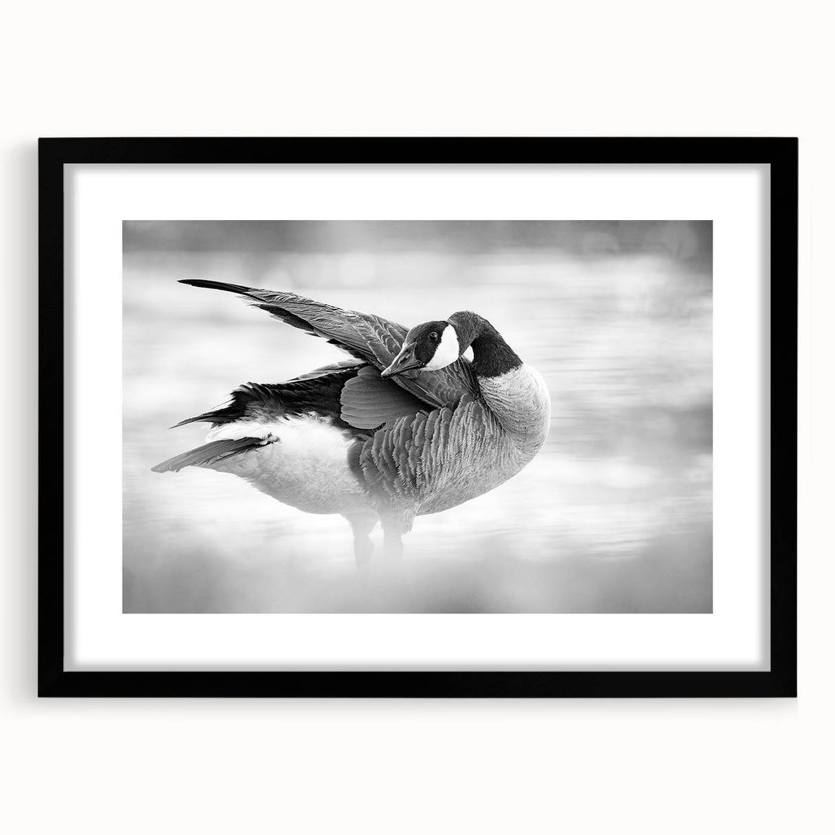 Framed wall art collection featuring a detailed goose design, presented in a sleek black frame with a white mat, ideal for home decor enthusiasts.