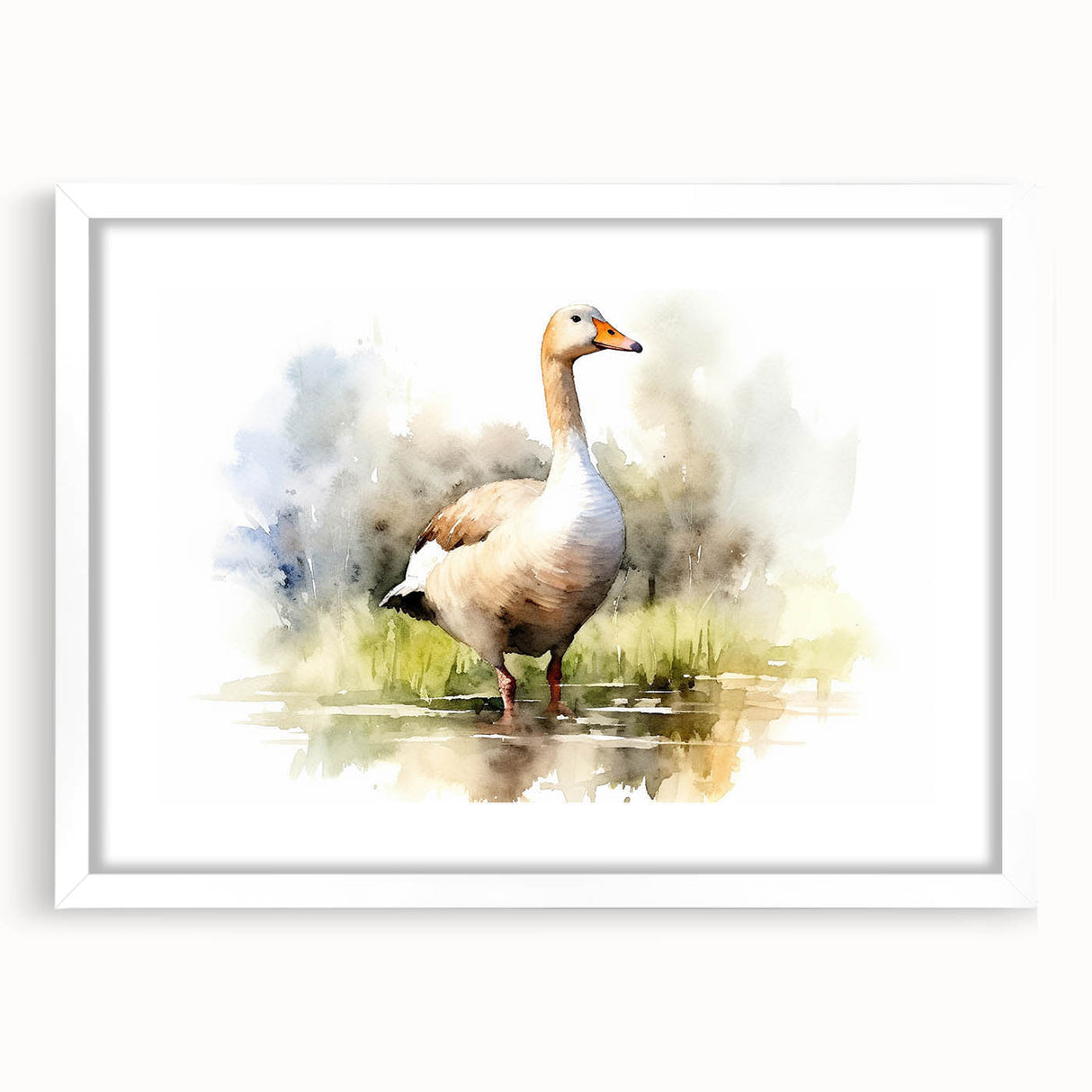 Framed wall art featuring a serene goose design in soft pastel colors, set against a white mat, perfect for enhancing modern home decor aesthetics.