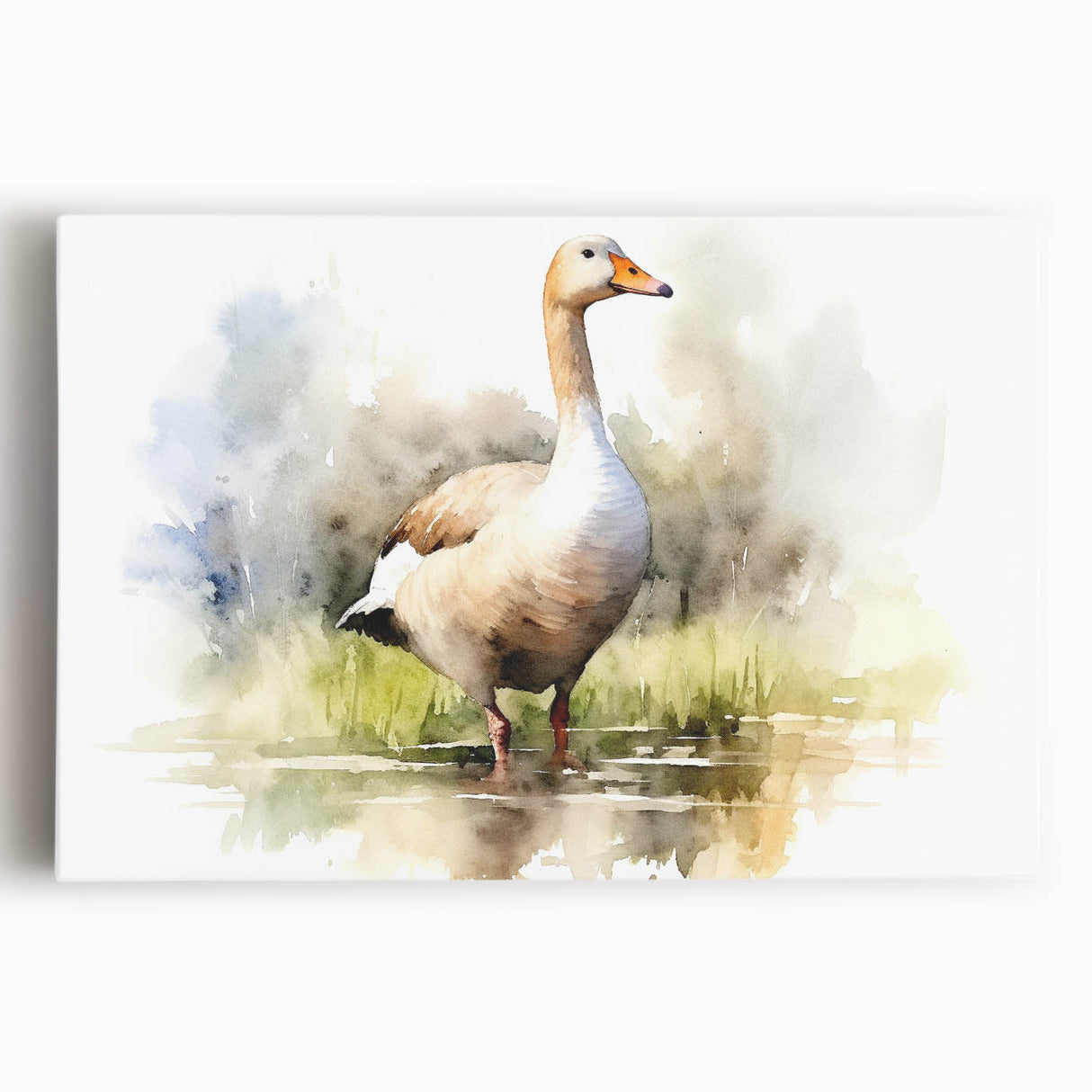 Stretched canvas wall art displaying a vibrant goose design, featuring intricate details and bold colors, ideal for enhancing home decor aesthetics.