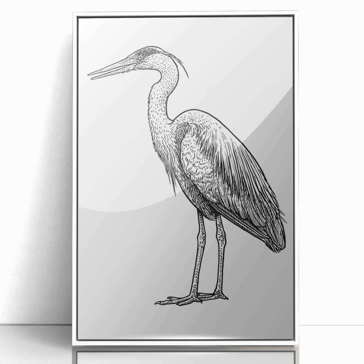 Framed acrylic wall art featuring a serene design of a heron and egret, set against a white background, perfect for enhancing modern home decor.