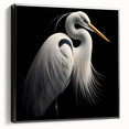 Framed canvas wall art depicting a serene heron and egret scene, featuring vibrant colors and intricate details, perfect for enhancing home decor.