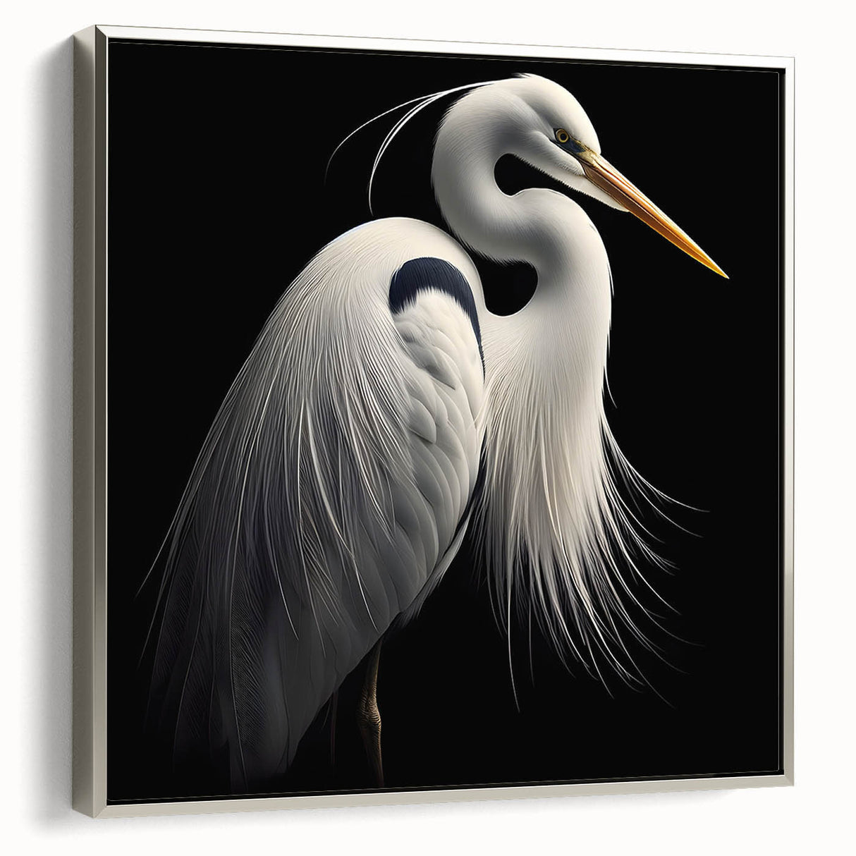 Framed wall art showcasing a silver heron and egret design on canvas, elegantly displayed from a side view, ideal for nature-inspired home decor.