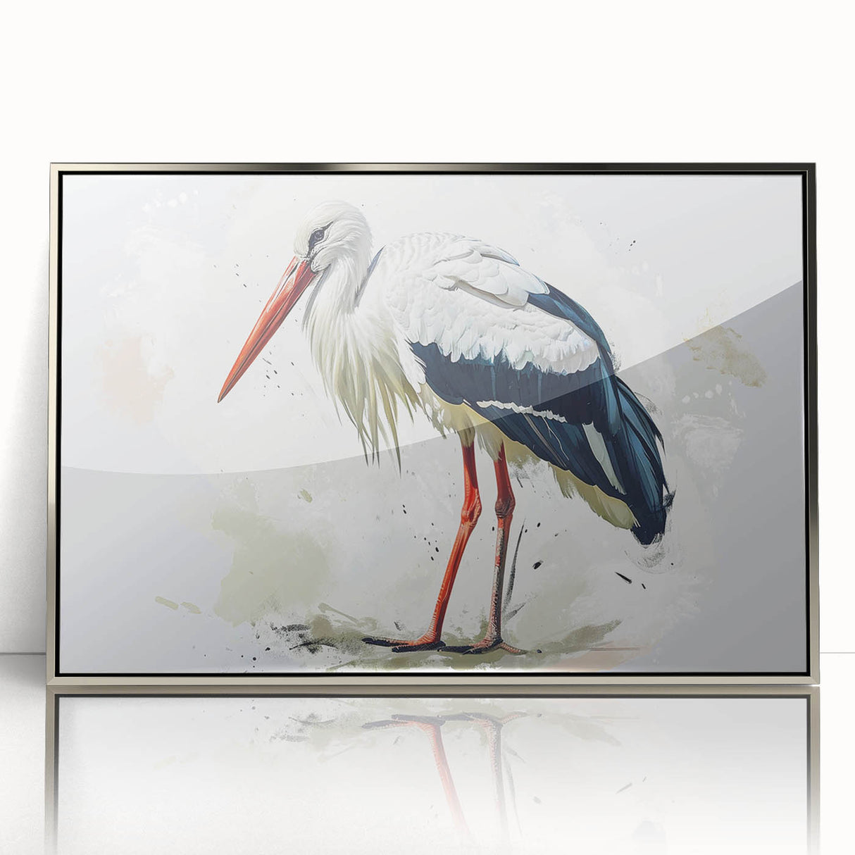Framed wall art featuring a heron and egret design, displayed in a sleek silver frame with acrylic front, ideal for adding elegance to modern decor.