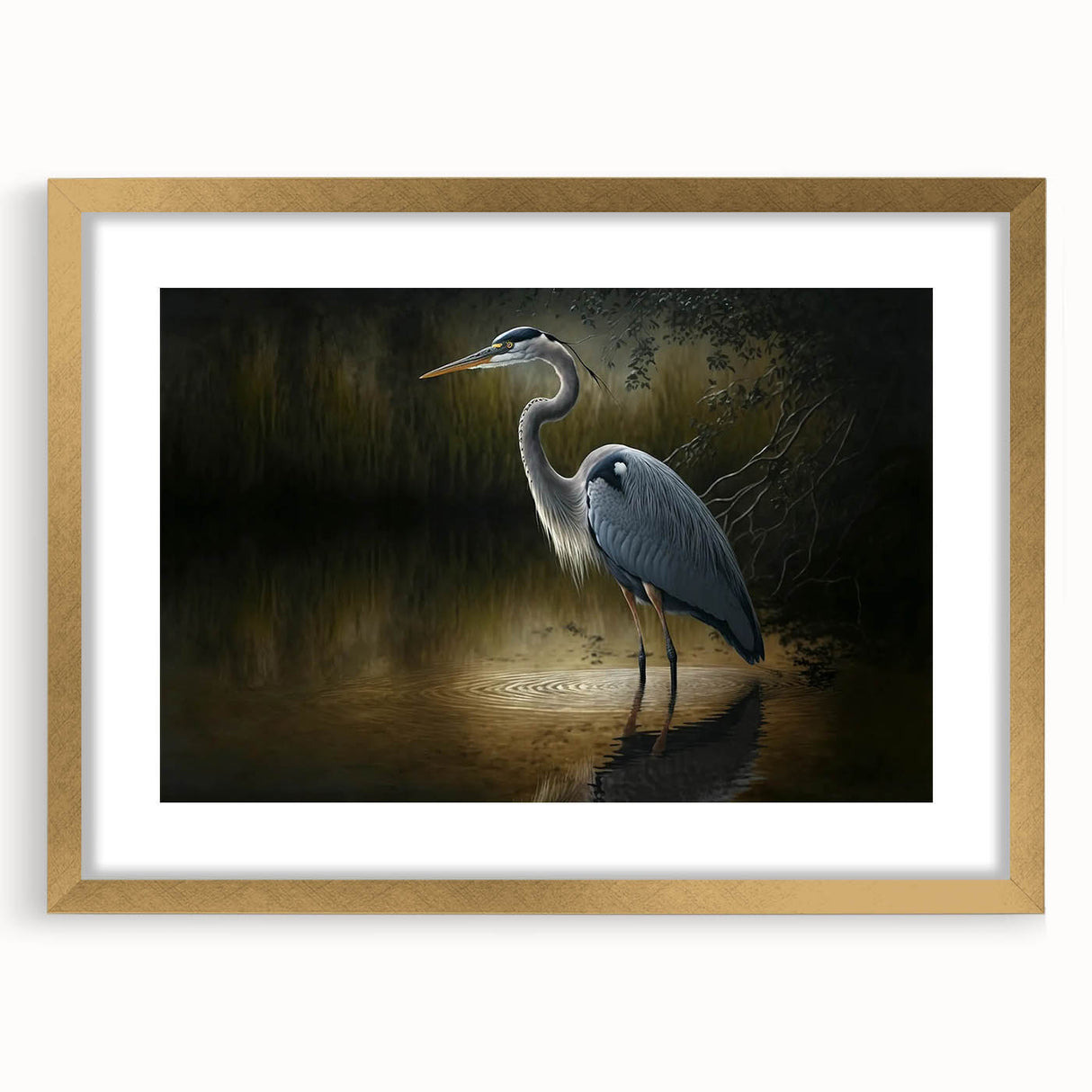 Elegant gold-framed wall art featuring a heron and egret design, showcasing intricate details and vibrant colors, perfect for enhancing home decor.