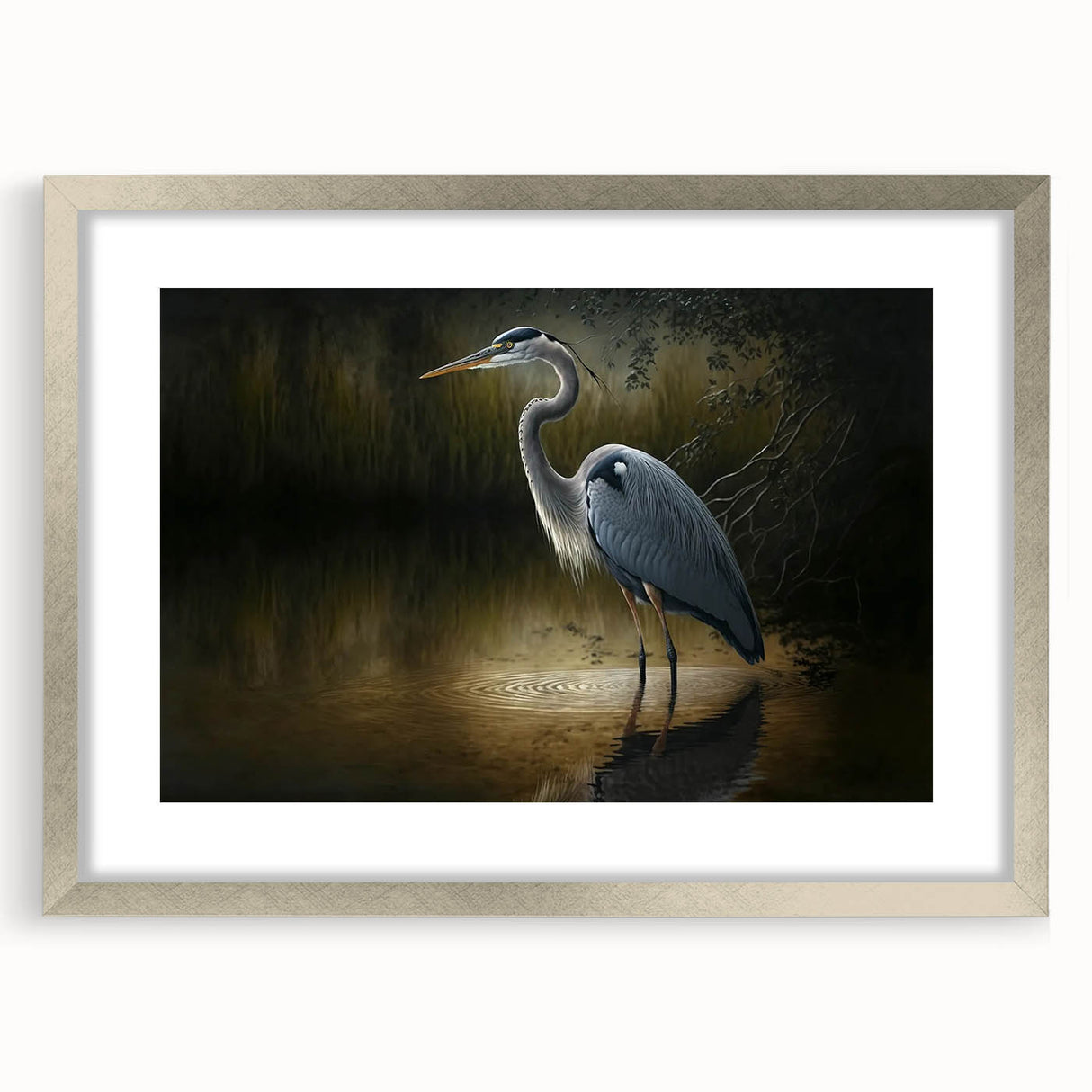 Framed wall art collection featuring elegant herons and egrets in a serene nature scene, with a silver frame and mat, perfect for enhancing modern decor.