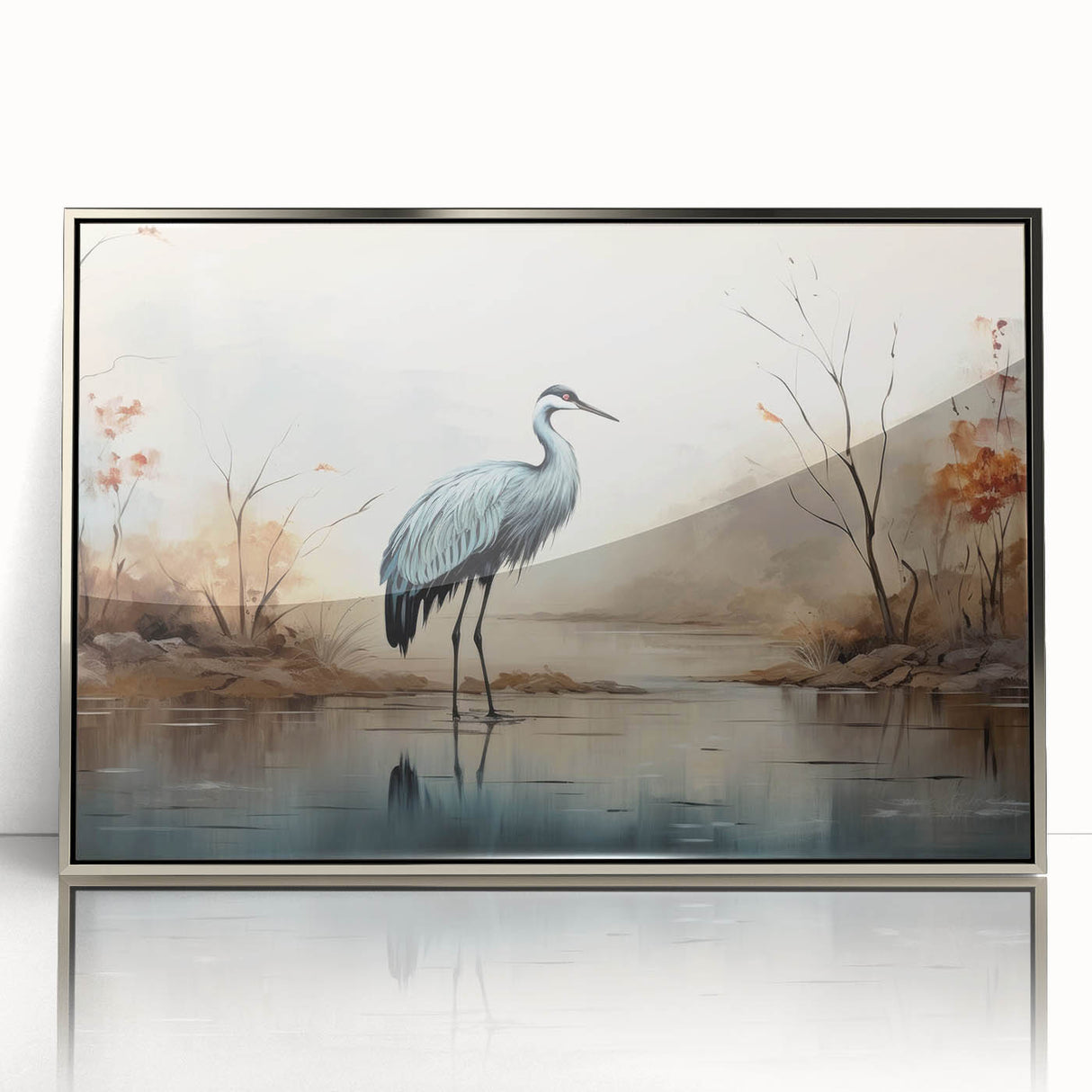 Framed wall art collection showcasing a heron and egret design in a sleek silver frame, perfect for enhancing home decor with nature-inspired elegance.