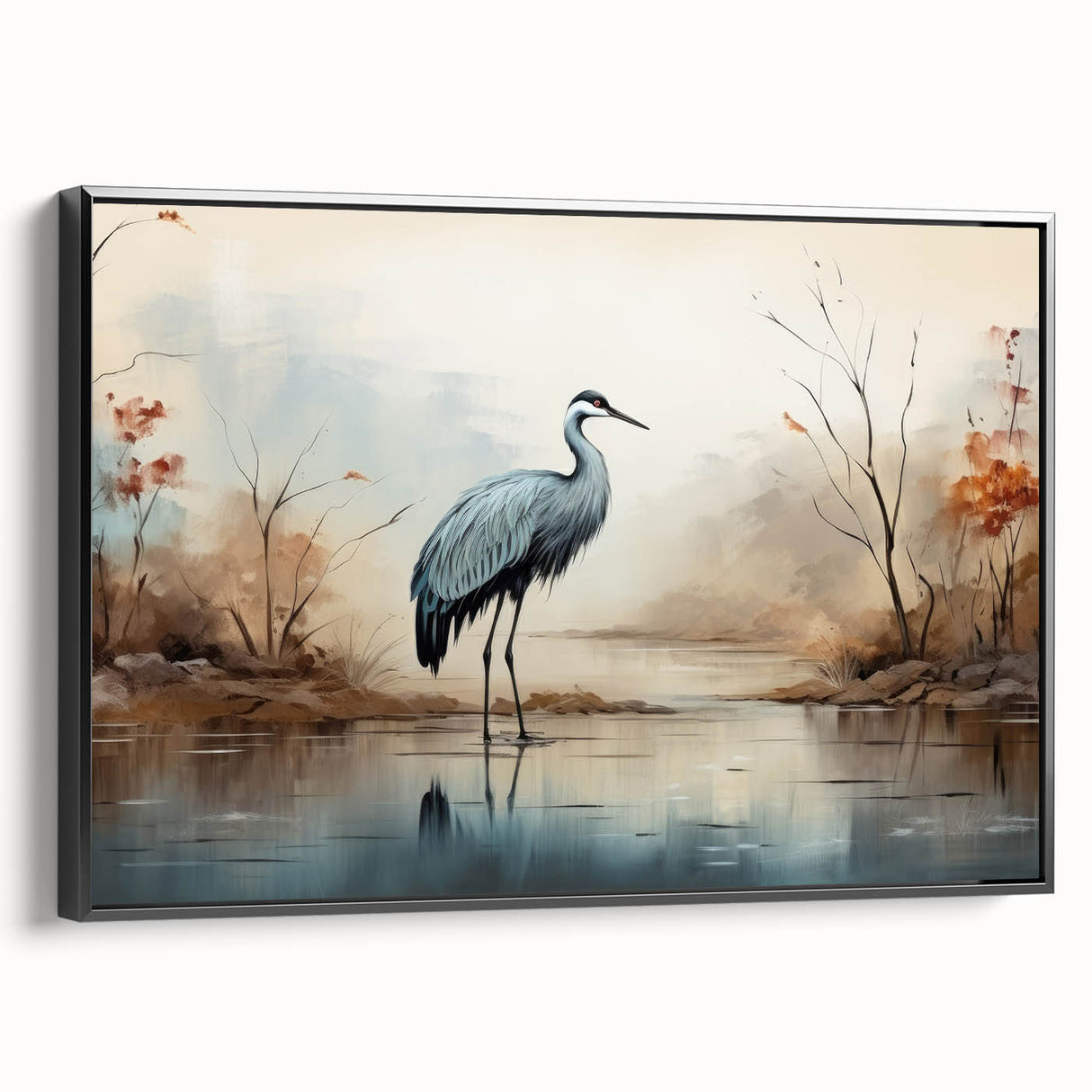 Framed wall art collection displaying a heron and egret design on black canvas, showcasing intricate details and vibrant colors, perfect for home decor.