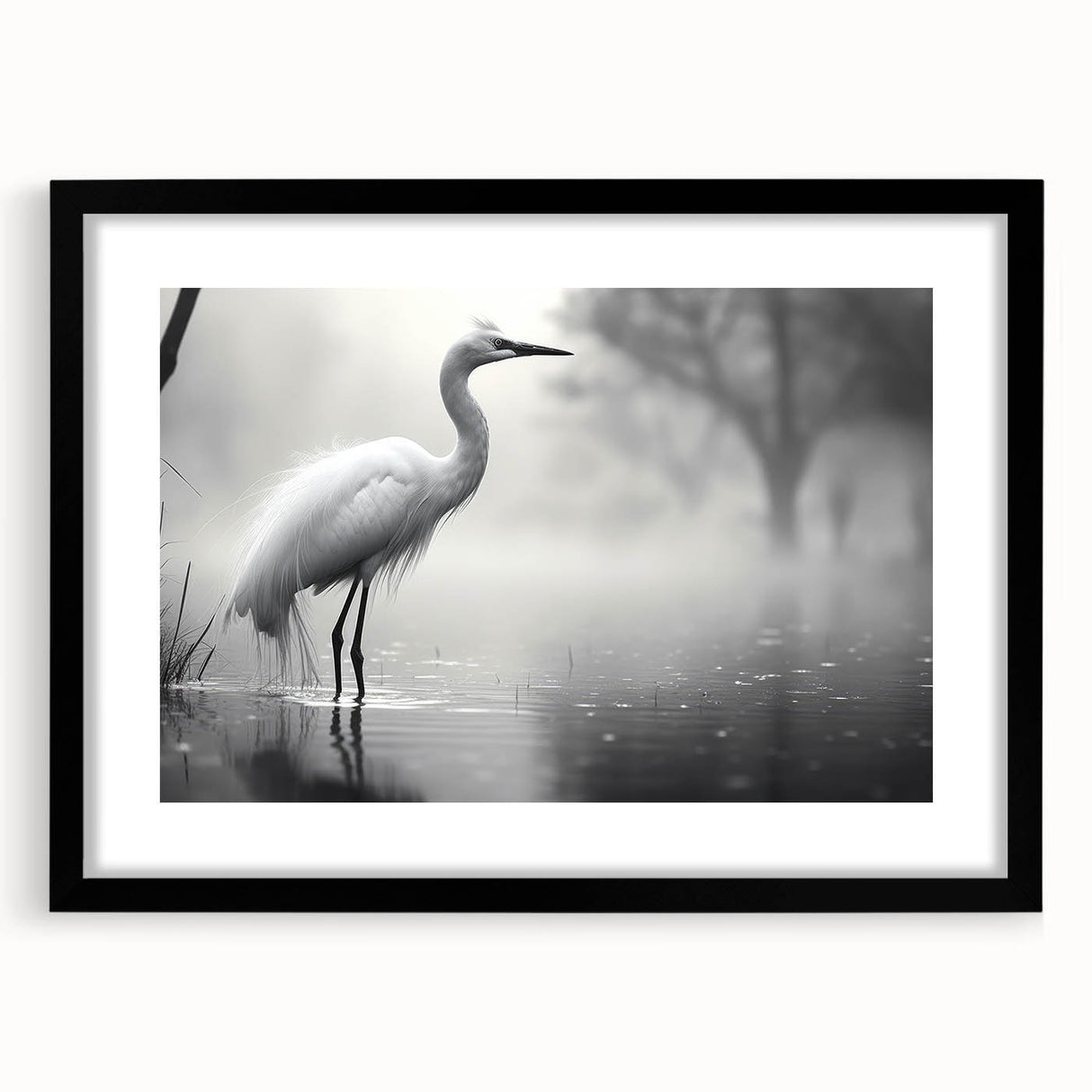 Elegant wall art collection featuring a heron and egret design, framed in black with a mat. Perfect for enhancing living spaces with nature-inspired decor.