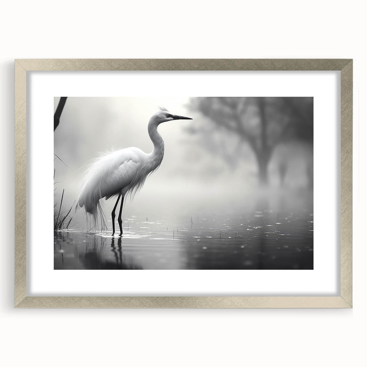 Framed wall art featuring a detailed design of herons and egrets, elegantly matted and presented in a sleek silver frame, ideal for enhancing home decor.