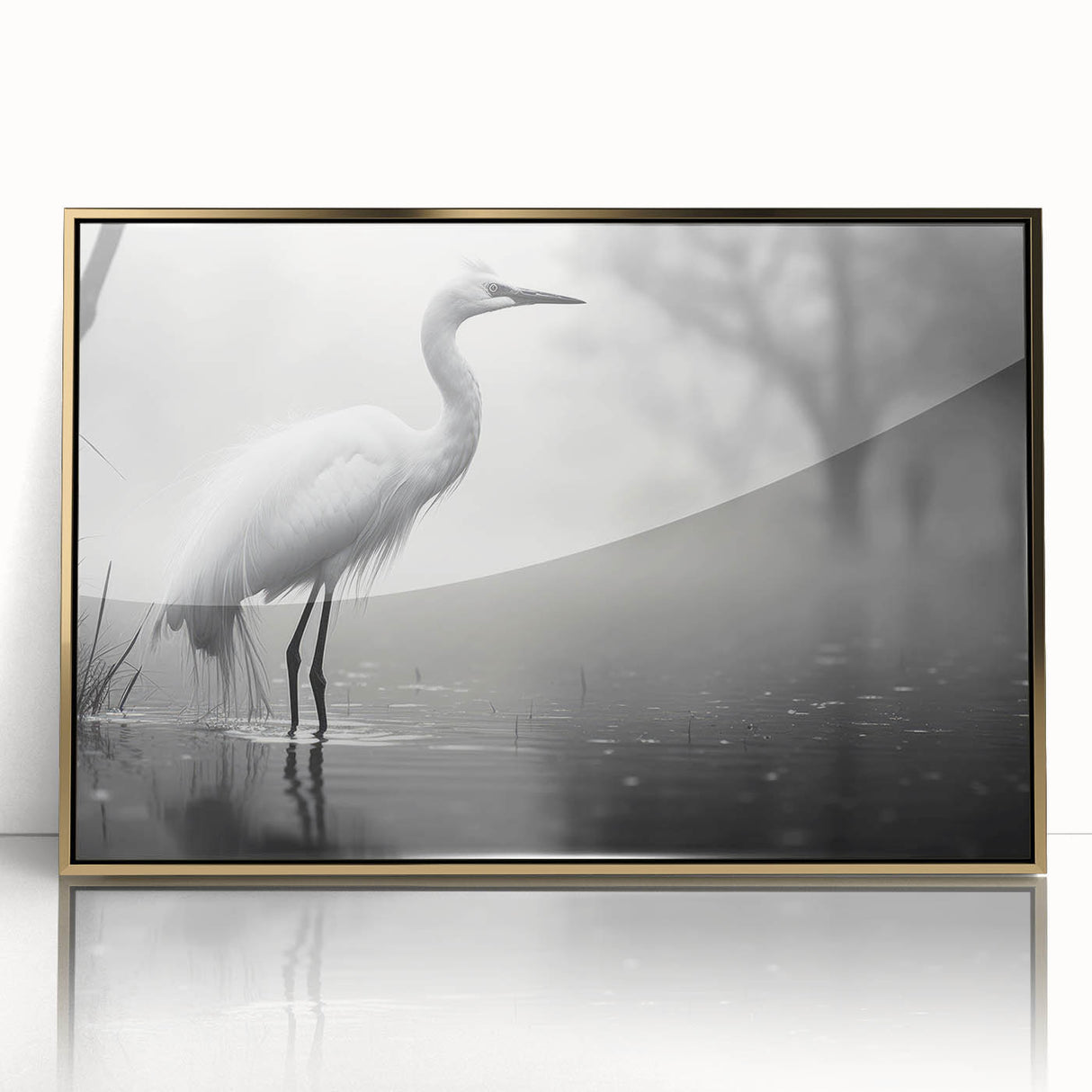Framed wall art featuring a heron and egret design in gold accents, showcasing intricate details against a soft background, perfect for enhancing home decor.