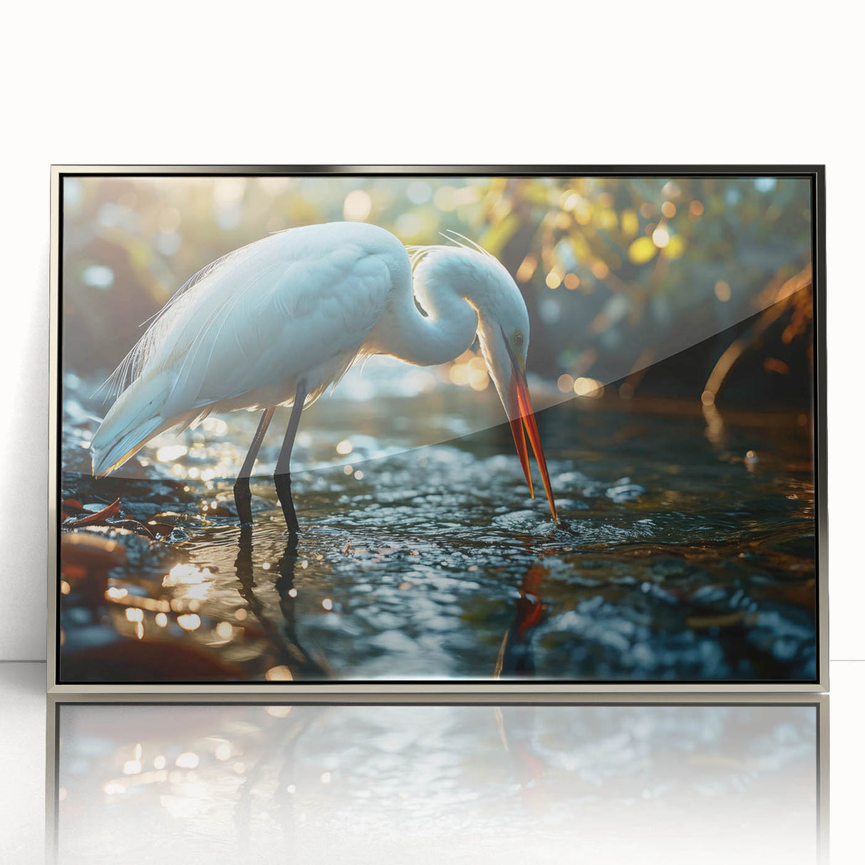 Framed wall art featuring a serene heron and egret design in a silver-acrylic finish, ideal for enhancing contemporary home decor with nature-inspired elegance.