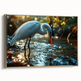 Framed wall art showcasing a heron and egret design, featuring vivid colors and gold accents, perfect for adding elegance to home decor.