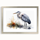 Framed wall art collection showcasing a silver mat with a heron and egret design, perfect for enhancing modern home decor and bird-themed art enthusiasts.