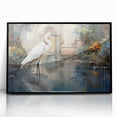 Framed wall art featuring a heron and egret design in a modern black frame, showcasing vibrant colors and intricate details, perfect for nature-inspired decor.