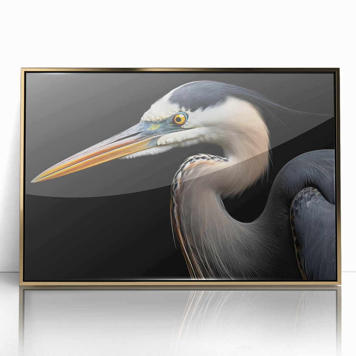 Framed wall art featuring a heron and egret design in gold-accented acrylic, ideal for elegant home decor. This piece showcases intricate detailing and vibrant colors, enhancing any living space.
