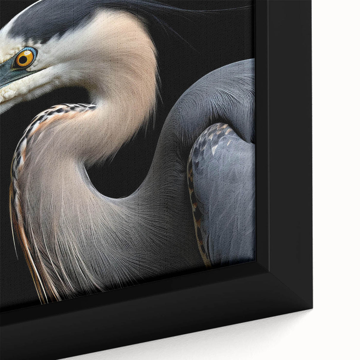 Elegant close-up of a framed wall art piece showcasing a heron and egret design, featuring intricate details and a vibrant color palette, perfect for enhancing home decor. Ideal for bird lovers and art enthusiasts, this canvas adds a serene touch to any living space.