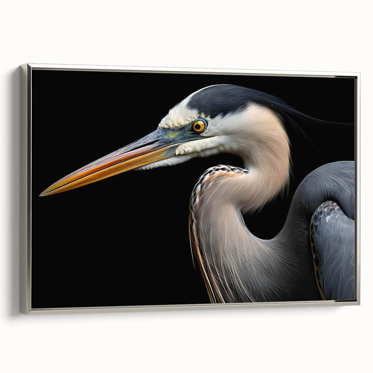 Framed wall art featuring a detailed design of a heron and egret on a silver background, showcasing elegant birds in a serene setting, perfect for home decor.