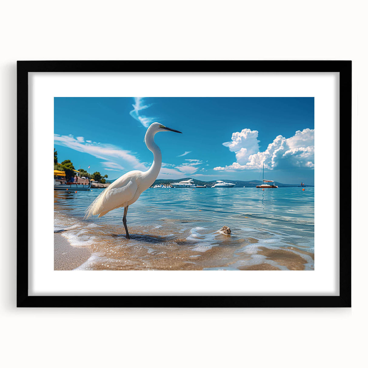 Framed wall art collection featuring a heron and egret design, displayed in a sleek black frame with a white mat, perfect for enhancing contemporary decor. This stylish piece showcases intricate bird illustrations, adding elegance to any room.