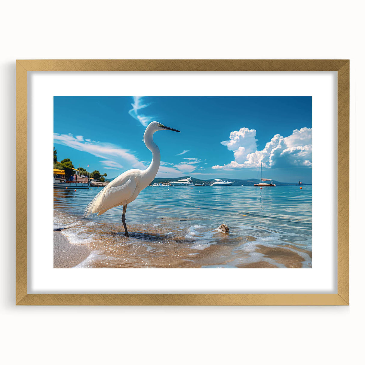 Elegant framed wall art collection featuring herons and egrets in a gold frame with matting, perfect for enhancing home decor and showcasing nature's beauty.