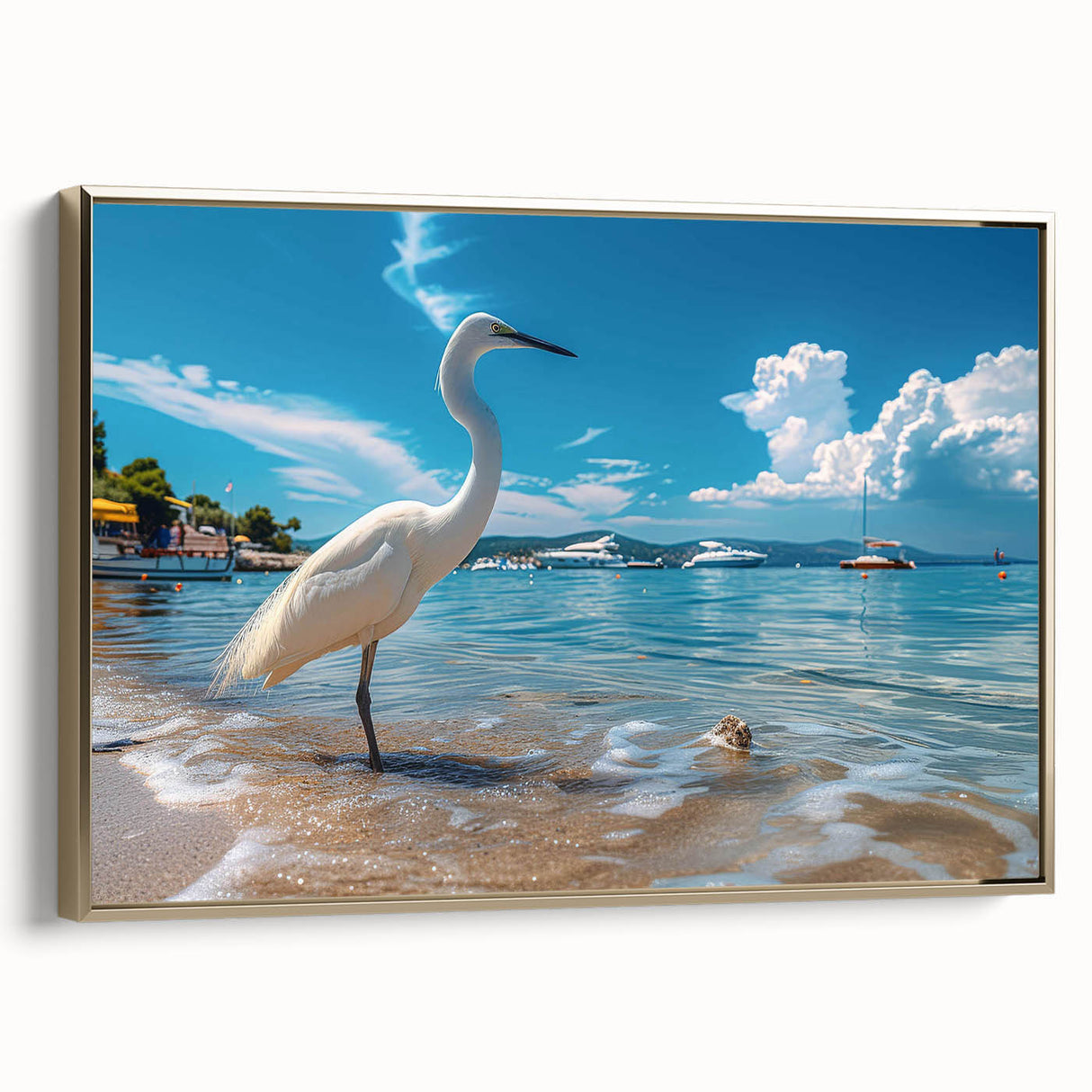 Framed wall art featuring a serene heron and egret design, showcasing intricate details and vibrant colors. The canvas is elegantly bordered in gold, enhancing its artistic appeal. Ideal for nature lovers and home decor enthusiasts.