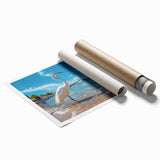 Elegant wall art print featuring a heron and egret design, showcasing intricate details and vibrant colors, ideal for enhancing home decor. Rolled and ready for framing.