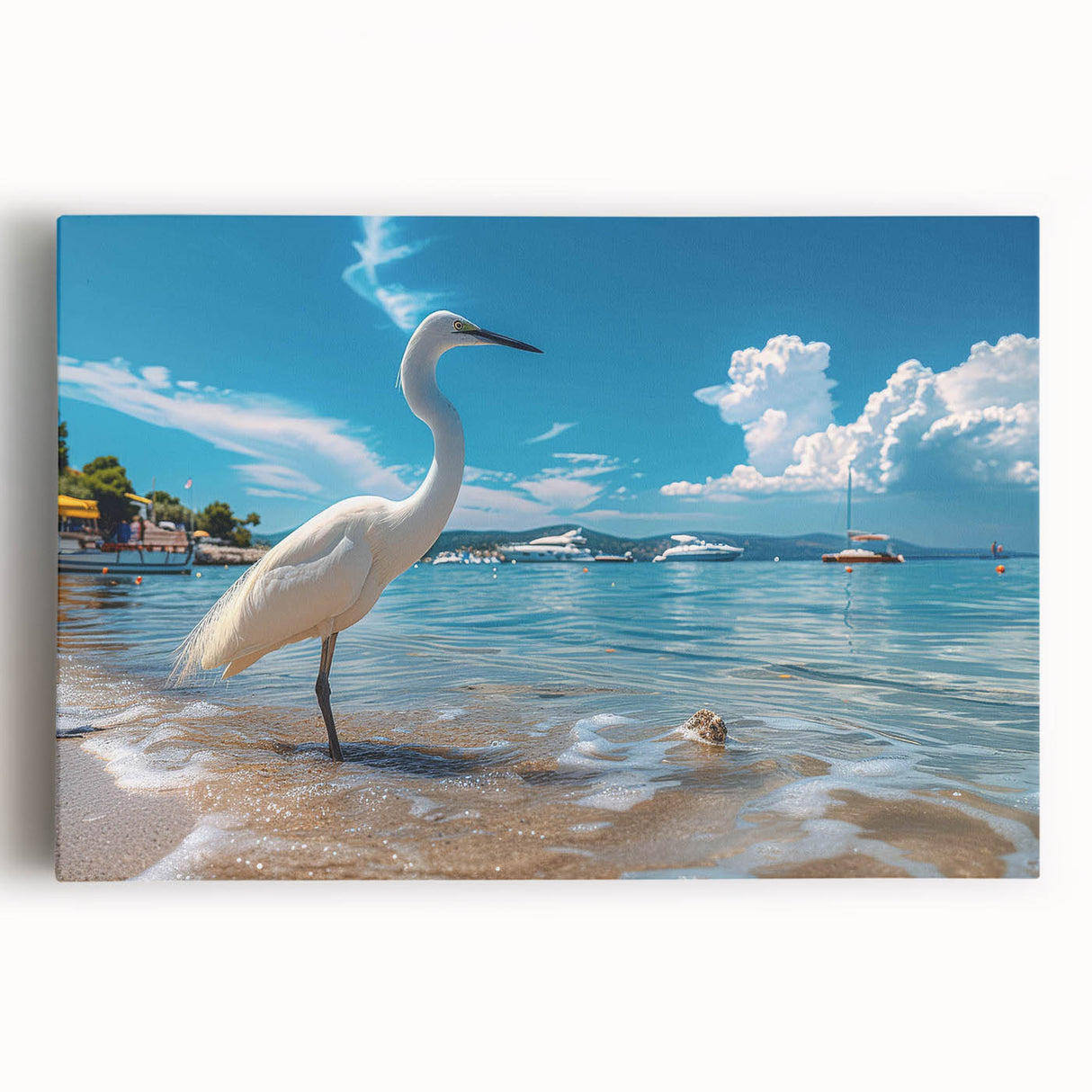 Elegant wall art design showcasing a heron and egret in a serene natural setting, printed on stretched canvas with vibrant colors, perfect for enhancing home decor.