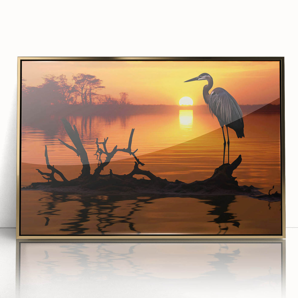 Framed wall art featuring a stunning design of herons and egrets in gold-accented acrylic, showcasing intricate details and vibrant colors, perfect for enhancing any decor.