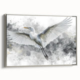 Framed wall art collection showcasing a heron and egret design in silver tones, presented from a side view, highlighting the elegant birds in a serene setting.