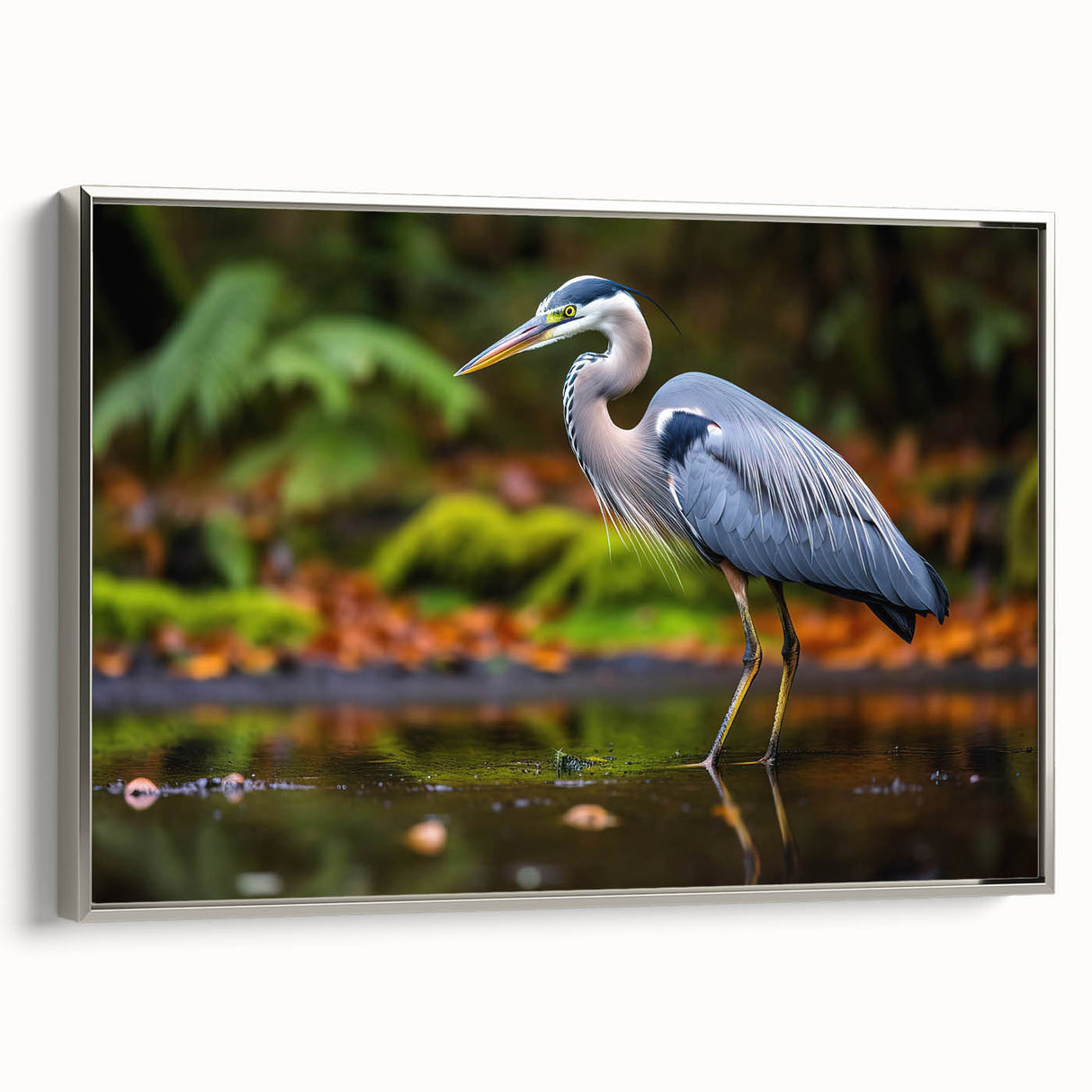 Elegant framed wall art showcasing a silver heron and egret design on canvas, highlighting intricate details and a modern aesthetic suitable for home decor.