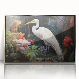 Framed wall art featuring a striking design of a heron and egret, showcased in a sleek silver frame, ideal for modern home decor. Perfect for bird lovers and nature enthusiasts seeking elegant wall accents.