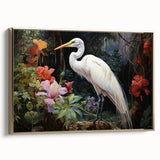 Framed wall art featuring a serene heron and egret design on canvas, set against a gold backdrop. Perfect for adding elegance to any room decor.