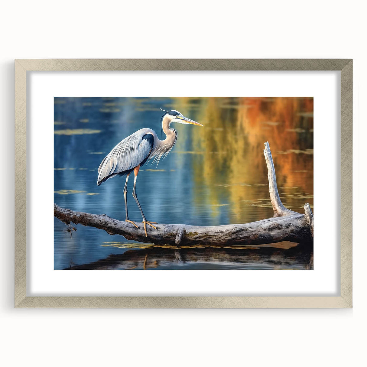 Framed wall art collection showcasing elegant herons and egrets in a serene nature scene, with a silver mat and frame, ideal for enhancing home decor.