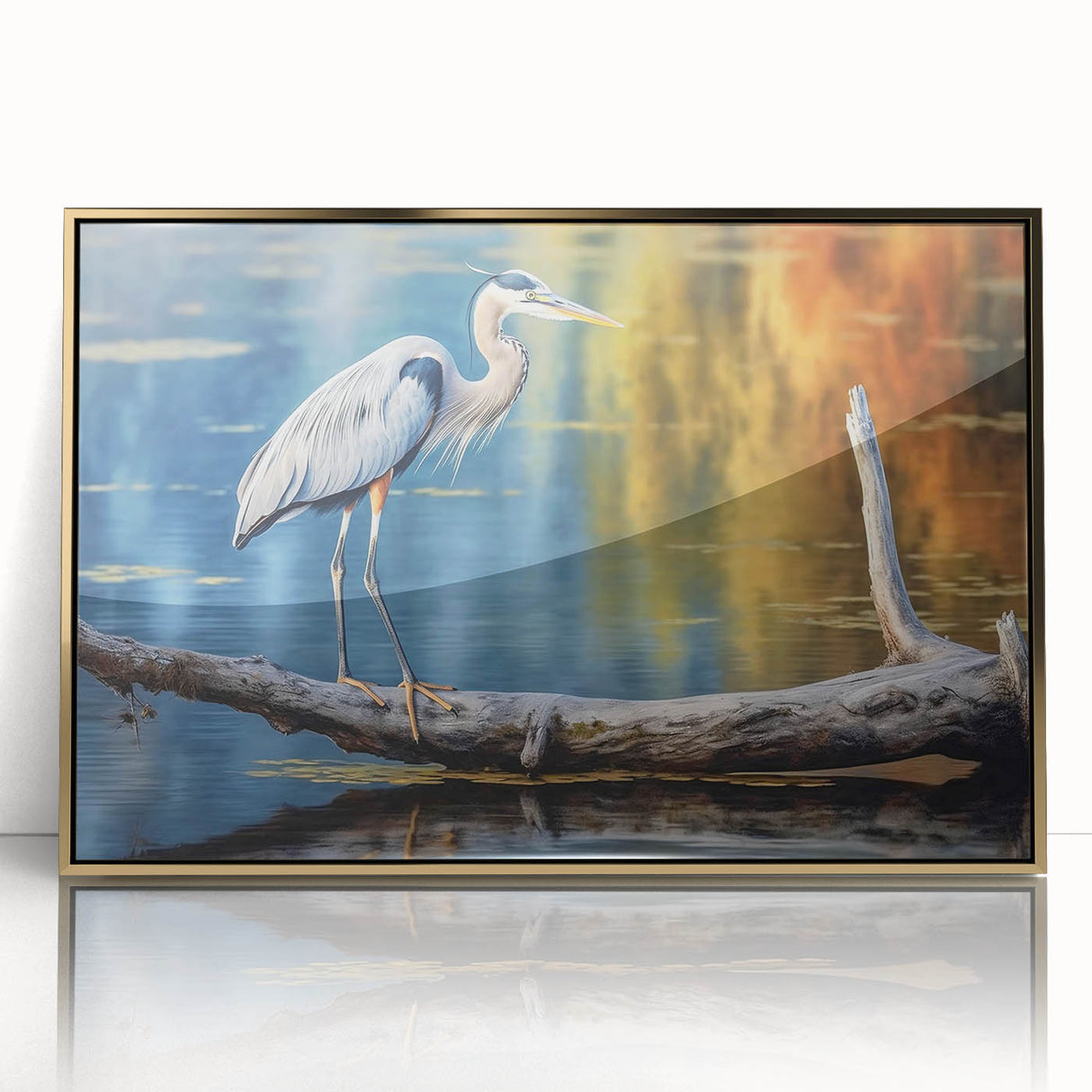 Framed wall art collection showcasing elegant heron and egret designs in acrylic with a luxurious gold frame, perfect for enhancing modern home decor.