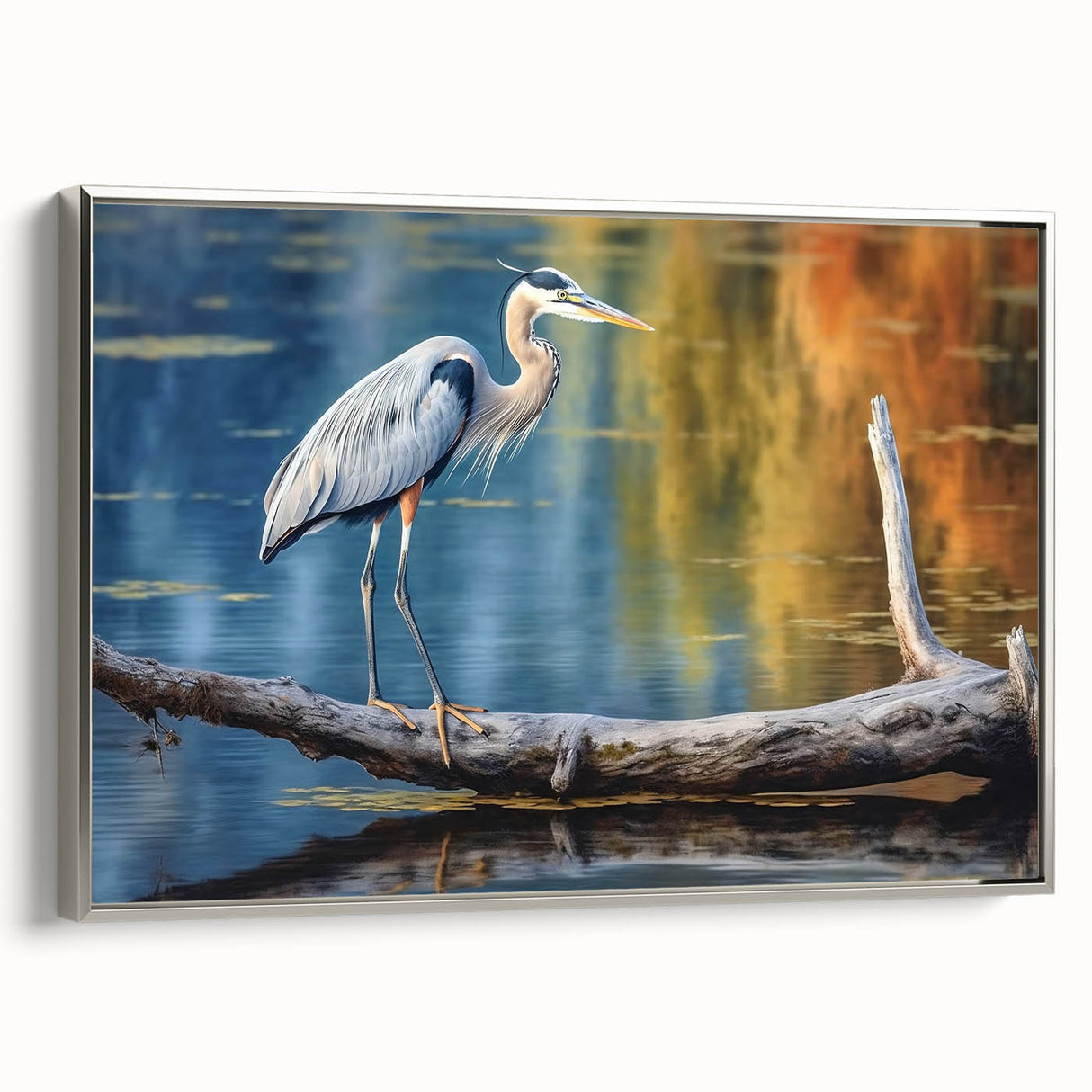 Framed canvas wall art showcasing a serene heron and egret design, elegantly displayed in silver tones, perfect for enhancing modern home decor.