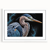 Elegant wall art featuring a heron and egret design in a white frame with a mat, perfect for enhancing modern home decor. Ideal for bird lovers and nature enthusiasts.