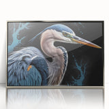 Framed wall art showcasing a heron and egret design in an elegant silver frame, featuring vibrant colors and intricate details, perfect for nature-inspired decor.