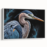 Framed canvas wall art featuring a serene heron and egret design, displayed in a modern white frame, ideal for enhancing contemporary home decor.