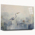 Elegant wall art showcasing a heron and egret design on acrylic glass, featuring a side view with decorative pins, perfect for enhancing modern home decor.