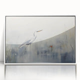 Framed wall art featuring a heron and egret design with vibrant colors set against a white background, perfect for enhancing modern home decor.