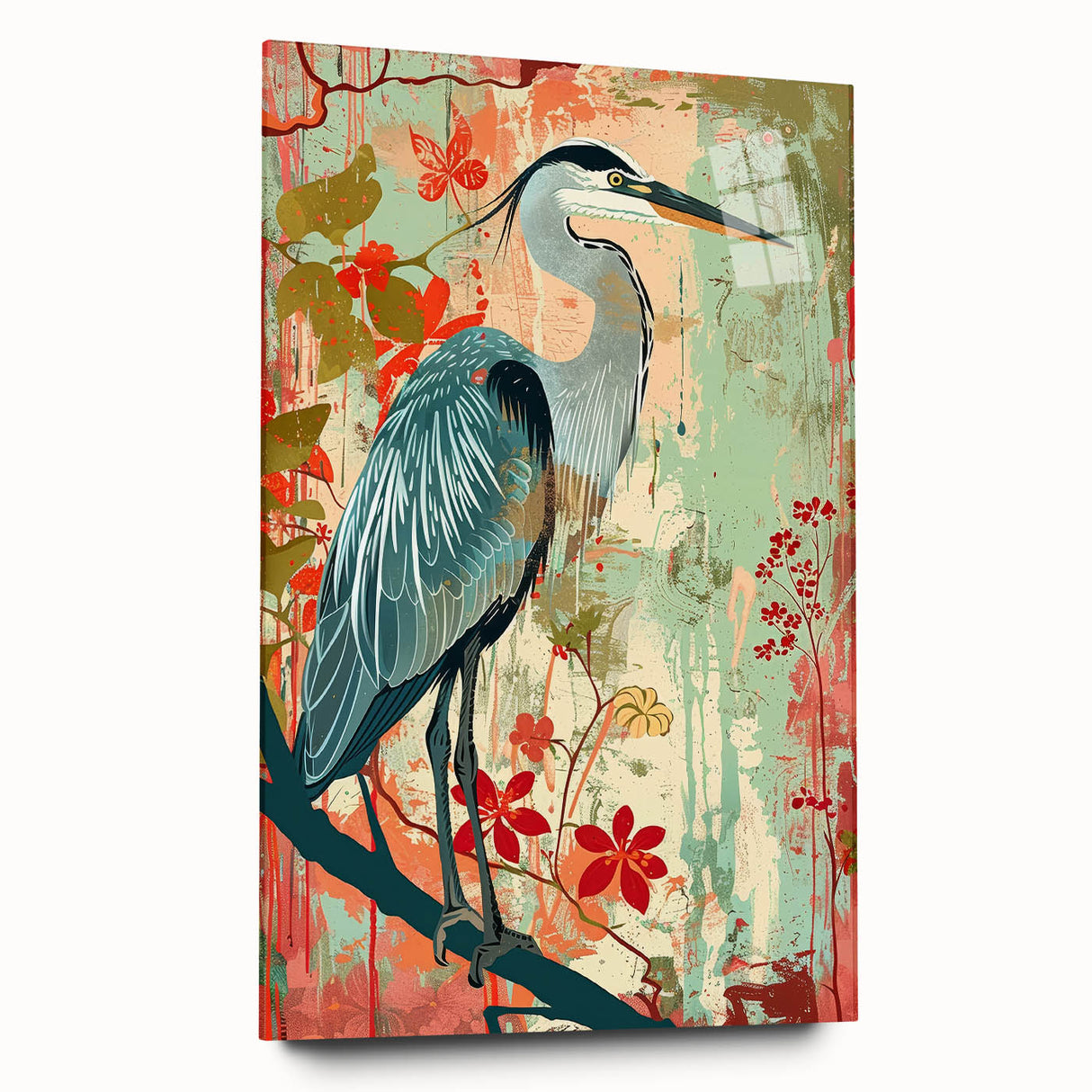 Elegant wall art collection featuring a side view of heron and egret designs, displayed under acrylic glass, showcasing intricate details and vibrant colors. Perfect for enhancing home decor with a nature-inspired aesthetic.