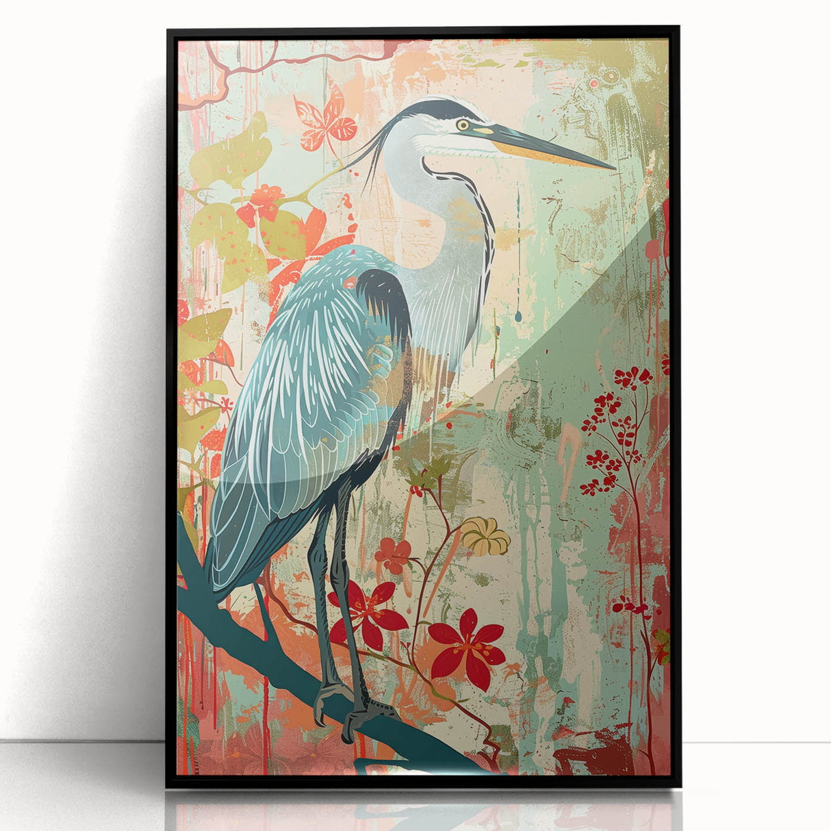 Framed acrylic wall art collection showcasing a heron and egret design, featuring a sleek black frame, perfect for modern home decor. Ideal for bird lovers.