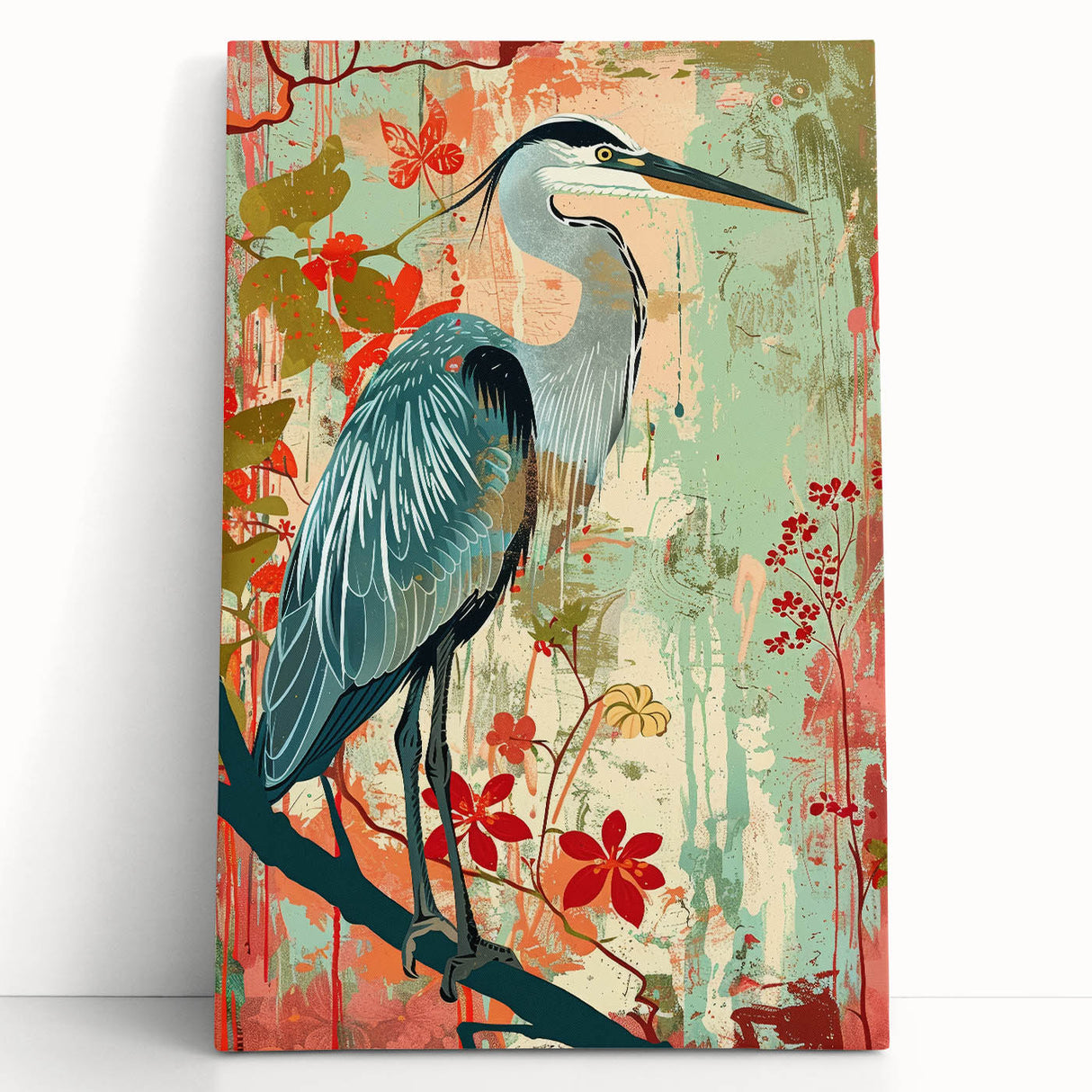 Stretched canvas wall art featuring a serene heron and egret design, showcasing vibrant colors and intricate details, perfect for nature-inspired decor.