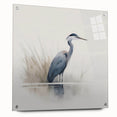 Acrylic glass wall art featuring a striking design of herons and egrets in a serene natural setting, displayed from a side view with decorative pins.